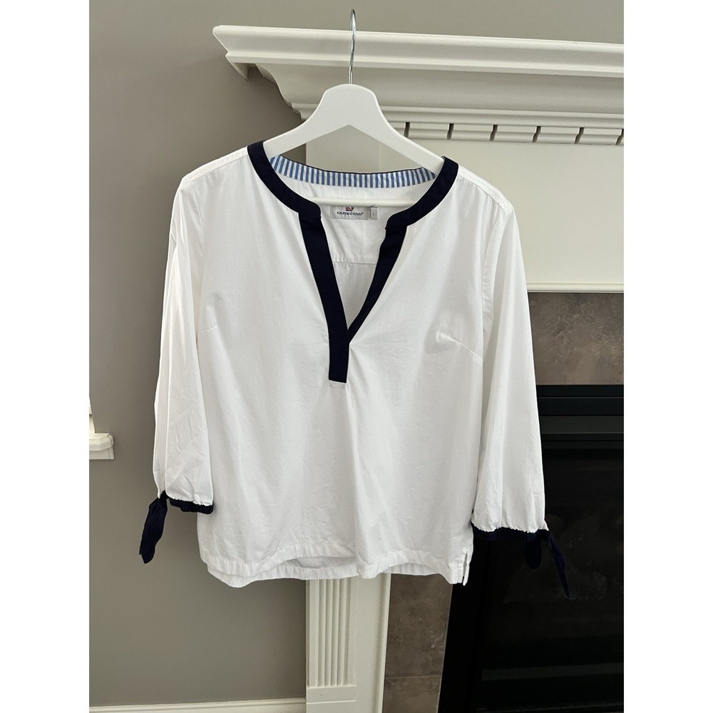 Vineyard Vines Savannah Popover Top Size L White Blue Contrast